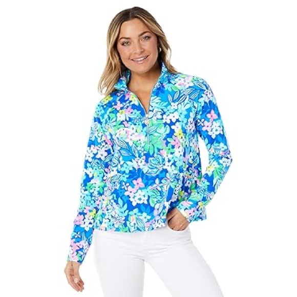 Lilly Pulitzer Tops - Lilly Pulitzer Melena UPF 50+ Popover Borealis Blue Social Sunset Size XS EUC